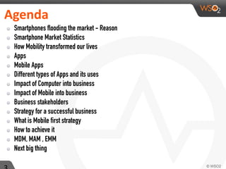 Agenda
Smartphones flooding the market - Reason
Smartphone Market Statistics
How Mobility transformed our lives
Apps
Mobile Apps
Different types of Apps and its uses
Impact of Computer into business
Impact of Mobile into business
Business stakeholders
Strategy for a successful business
What is Mobile first strategy
How to achieve it
MDM, MAM , EMM
Next big thing
 