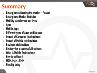 Summary
31
Smartphones flooding the market - Reason
Smartphone Market Statistics
Mobility transformed our lives
Apps
Mobile Apps
Different types of Apps and its uses
Impact of Computer into business
Impact of Mobile into business
Business stakeholders
Strategy for a successful business
What is Mobile first strategy
How to achieve it
MDM, MAM , EMM
Next big thing
 