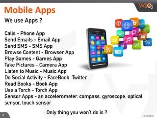 9
Mobile	
  Apps
We use Apps ?
Calls - Phone App
Send Emails - Email App
Send SMS - SMS App
Browse Content - Browser App
Play Games - Games App
Take Pictures - Camera App
Listen to Music - Music App
Do Social Activity - FaceBook, Twitter
Read Books - Book App
Use a Torch - Torch App
Sensor Apps - an accelerometer, compass, gyroscope, optical
sensor, touch sensor
Only thing you won’t do is ?
 