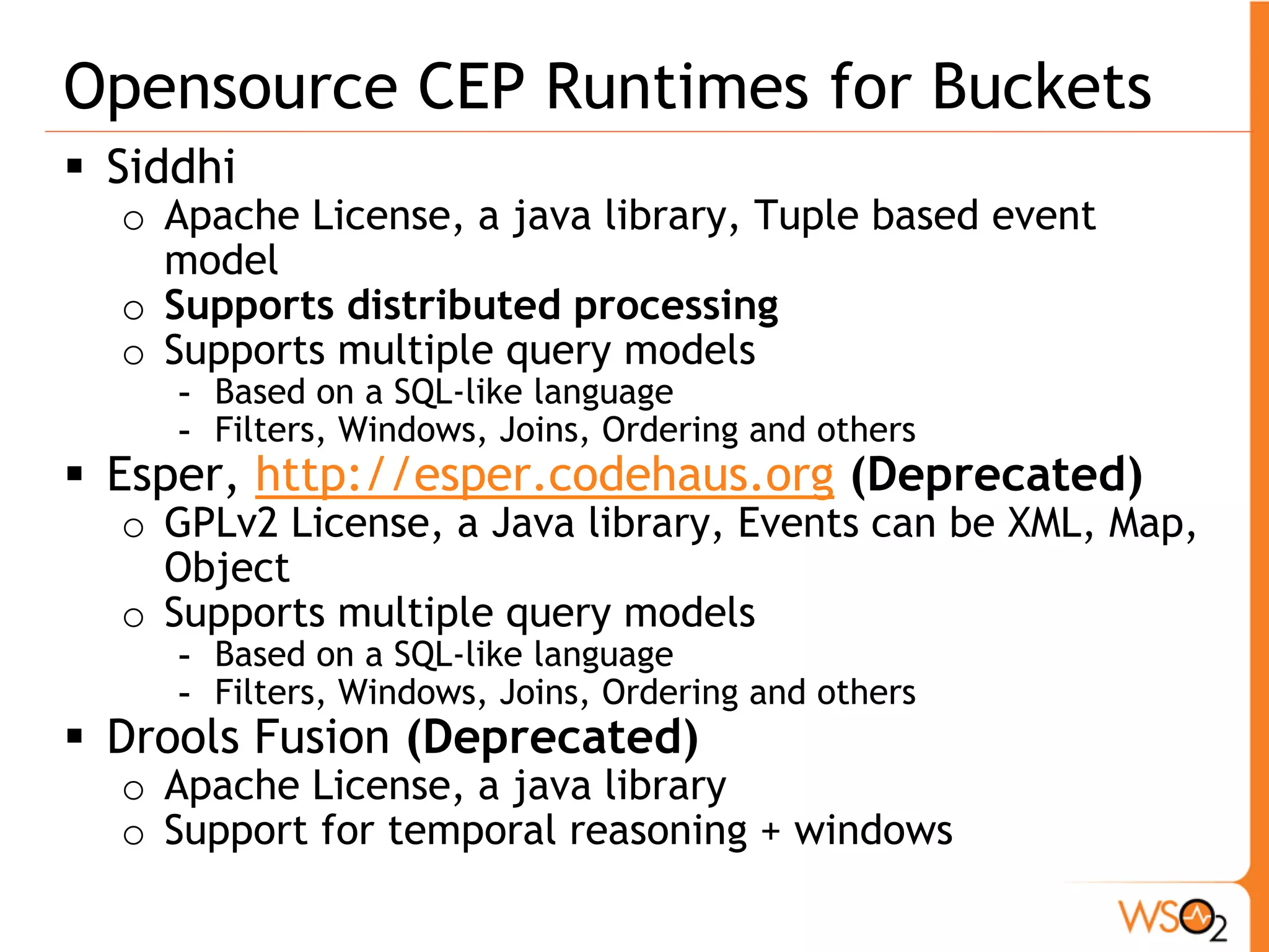 Developer Studio UI 
ƒ Eclipse based 
tool to define 
buckets 
ƒ Can manage 
the 
configurations 
throughout 
the production 
lifecycle 
ƒ Note: 2.1.0 
Still not 
support Text 
Output 
Mapping 
 