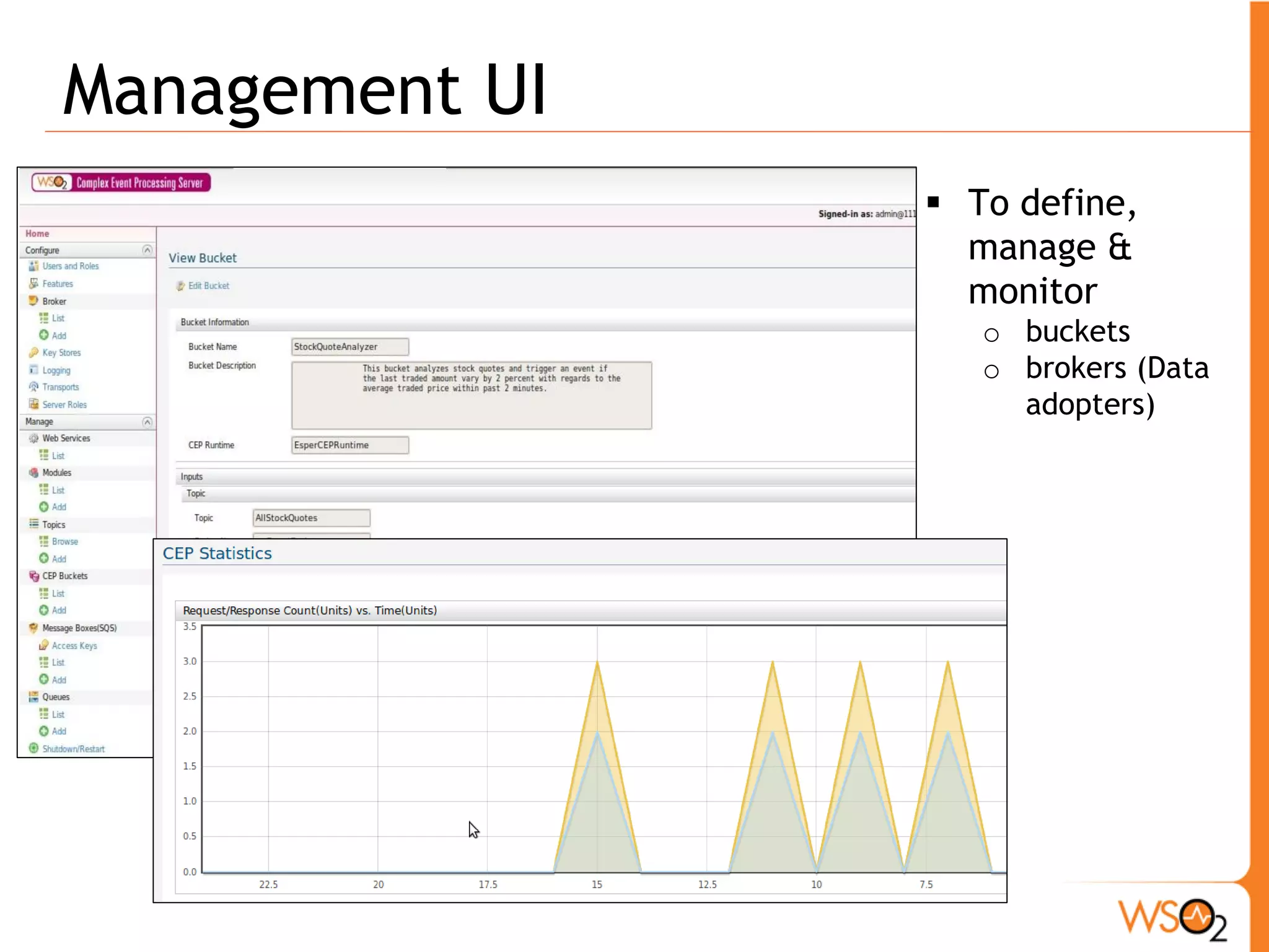 Monitoring 
ƒ Provides real-time statistical visual illustrations of 
request & response counts per time based on CEP 
server, bucket, broker and topics. 
 