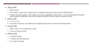  JBoss ESB
 Open source
 So complex, it gives lots of support for the integration approach which we were talking before...