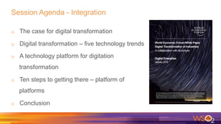 Session Agenda - Integration
o  The case for digital transformation
o  Digital transformation – five technology trends
o  A technology platform for digitation
transformation
o  Ten steps to getting there – platform of
platforms
o  Conclusion
 