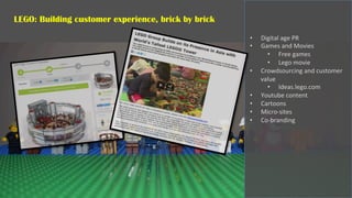 •  Digital	
  age	
  PR	
  
•  Games	
  and	
  Movies	
  
•  Free	
  games	
  
•  Lego	
  movie	
  
•  Crowdsourcing	
  and	
  customer	
  
value	
  
•  Ideas.lego.com	
  
•  Youtube	
  content	
  
•  Cartoons	
  
•  Micro-­‐sites	
  
•  Co-­‐branding	
  
LEGO: Building customer experience, brick by brick
 