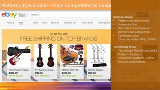 Pla^orm	
  (R)evoluAon	
  –	
  from	
  CompeAAon	
  to	
  CoopeAAon	
  
Business	
  focus:	
  
•  Pla^orm	
  business	
  model	
  
•  Network	
  eﬀect	
  
•  Blurred	
  borders	
  between	
  
partners	
  and	
  compeAtors	
  
•  Combined	
  value	
  
•  Other	
  examples:	
  Uber,	
  AirBnB	
  
Technology	
  focus	
  
•  Technology	
  Pla^orm	
  to	
  build	
  a	
  
Pla^orm	
  Business	
  
•  IntegraAon	
  pla^orm	
  used	
  to	
  
connect	
  stakeholders	
  
 