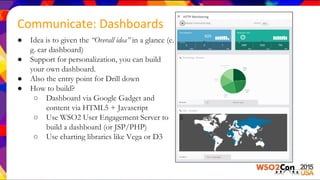 ● Idea is to given the “Overall idea” in a glance (e.
g. car dashboard)
● Support for personalization, you can build
your own dashboard.
● Also the entry point for Drill down
● How to build?
○ Dashboard via Google Gadget and
content via HTML5 + Javascript
○ Use WSO2 User Engagement Server to
build a dashboard (or JSP/PHP)
○ Use charting libraries like Vega or D3
Communicate: Dashboards
 
