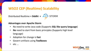 WSO2 CEP (Realtime) Scalability
Distributed Realtime = Siddhi +
Advantages over Apache Storm
• No need to write Java code (Supports SQL like query language)
• No need to start from basic principles (Supports high level
language)
• Adoption for change is fast
• Govern artifacts using Toolboxes
• etc ...
 