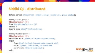 Siddhi QL - distributed
define stream StockStream (symbol string, volume int, price double);
@name(Filter Query’)
@dist(parallel= ‘3')
from StockStream[price > 75]
select *
insert into HightPriceStockStream ;
@name(‘Window Query’)
@dist(parallel= ‘2')
partition with (symbol of HighPriceStockStream)
begin
from HighPriceStockStream#window.time(10 min)
select symbol, sum(volume) as sumVolume
insert into ResultStockStream ;
end;
 