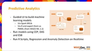 Predictive Analytics
• Guided UI to build machine
learning models
• Via Spark MlLib
• Via R and export them as
PMML (from WSO2 ML 1.1)
• Run models using CEP, DAS
and ESB
• Run R Scripts, Regression and Anomaly Detection on Realtime
 