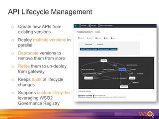 API Lifecycle Management
o  Create new APIs from
existing versions
o  Deploy multiple versions in
parallel
o  Deprecate versions to
remove them from store
o  Retire them to un-deploy
from gateway
o  Keeps audit of lifecycle
changes
o  Supports custom lifecycles
leveraging WSO2
Governance Registry
 