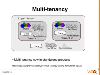 Multi-tenancy




• Multi-tenancy now in standalone products
http://wso2.org/library/wso2con2011/multi-tenancy-winning-formula-for-a-paas
 