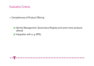Evaluation Criteria


 Completeness of Product Offering


      Identity Management, Governance Registry and some more products
      offered
      Integration with e. g. BPEL
 