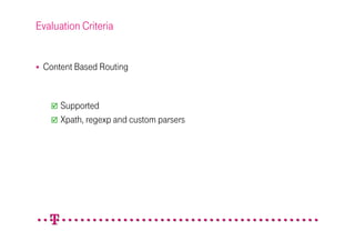 Evaluation Criteria


 Content Based Routing


      Supported
      Xpath, regexp and custom parsers
 