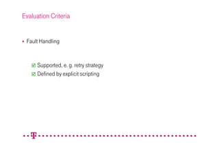 Evaluation Criteria


 Fault Handling


      Supported, e. g. retry strategy
      Defined by explicit scripting
 