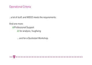 Operational Criteria


…a lot of stuff, and WSO2 meets the requirements.

And one more:
    Professional Support
         for analysis / bugfixing

        … and for a Quickstart Workshop.
 
