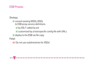 ESB Proxies


Strategy:
        convert existing WSDL/XSDs
        to ESB proxy service definitions
            by XSLT called by ant
            customized by a host-specific config file with URLs
        deploy to the ESB via file copy
Pitfall:
     Do not use subdirectories for XSDs!
 