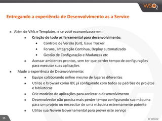 15 
Entregando 
a 
experiência 
de 
Desenvolvimento 
as 
a 
Service 
๏ Além 
de 
VMs 
e 
Templates, 
e 
se 
você 
economizasse 
em: 
๏ Criação 
de 
todo 
os 
ferramental 
para 
desenvolvimento: 
• Controle 
de 
Versão 
(Git), 
Issue 
Tracker 
• Foruns 
, 
Integração 
Contínua, 
Deploy 
automatizado 
• Gestão 
de 
Configuração 
e 
Mudanças 
etc 
๏ Acessar 
ambientes 
prontos, 
sem 
ter 
que 
perder 
tempo 
de 
configurações 
para 
executar 
suas 
aplicações 
๏ Mude 
a 
experiência 
de 
Desenvolvimento: 
๏ Equipe 
colaborando 
online 
mesmo 
de 
lugares 
diferentes 
๏ Utilize 
o 
browser 
como 
IDE 
já 
configurado 
com 
todos 
os 
padrões 
de 
projetos 
e 
bibliotecas 
๏ Crie 
modelos 
de 
aplicações 
para 
acelerar 
o 
desenvolvimento 
๏ Desenvolvedor 
não 
precisa 
mais 
perder 
tempo 
configurando 
sua 
máquina 
para 
um 
projeto 
ou 
necessitar 
de 
uma 
máquina 
extremamente 
potente 
๏ Utilize 
sua 
Nuvem 
Governamental 
para 
prover 
este 
serviço 
 