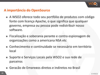 23 
A 
importância 
do 
OpenSource 
๏ A 
WSO2 
oferece 
todo 
seu 
portfólio 
de 
produtos 
com 
código 
fonte 
com 
licença 
Apache, 
o 
que 
significa 
que 
qualquer 
governo, 
empresa 
ou 
pessoa 
pode 
redistribuir 
nosso 
software. 
๏ Fiscalização 
e 
soberania 
perante 
e 
contra 
espionagem 
de 
organizações 
como 
a 
americana 
NSA 
etc 
๏ Conhecimento 
e 
continuidade 
se 
necessário 
em 
território 
local 
๏ Suporte 
e 
Serviços 
Locais 
pela 
WSO2 
e 
sua 
rede 
de 
parceiros 
๏ Geração 
de 
Empregos 
diretos 
e 
indiretos 
no 
Brasil 
 