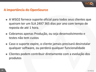 24 
A 
importância 
do 
OpenSource 
๏ A 
WSO2 
fornece 
suporte 
oficial 
para 
todos 
seus 
clientes 
que 
queiram 
ter 
um 
SLA 
24X7 
365 
dias 
por 
ano 
com 
tempo 
de 
reposta 
de 
até 
1 
hora. 
๏ Cobramos 
apenas 
Produção, 
ou 
seja 
desenvolvimento 
e 
testes 
não 
tem 
custos 
๏ Caso 
o 
suporte 
expire, 
o 
cliente 
jamais 
precisará 
desinstalar 
qualquer 
software, 
ou 
perderá 
qualquer 
funcionalidade 
๏ Clientes 
podem 
contribuir 
diretamente 
com 
a 
evolução 
dos 
produtos 
 