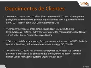 Depoimentos 
de 
Clientes 
• “Depois 
do 
contato 
com 
o 
Carbon, 
ficou 
claro 
que 
a 
WSO2 
possui 
uma 
grande 
plataforma 
de 
middleware, 
ficamos 
impressionados 
com 
a 
qualidade 
do 
time 
da 
WSO2” 
-­‐ 
Robert 
Zahn, 
CIO, 
Ohio 
Automobile 
Club 
• “Abordagem 
brilhante, 
amor 
pela 
modularidade, 
isso 
permite 
muita 
flexibilidade. 
Nós 
estamos 
extremamente 
animados 
em 
trabalhar 
com 
a 
WSO2” 
-­‐ 
Jim 
Crabbe, 
Senior 
Product 
Manager, 
Boeing 
• “ 
Extrema 
habilidade 
de 
suporte, 
foi 
o 
que 
nos 
encantou 
com 
a 
WSO2” 
-­‐ 
Prakash 
Iyer, 
Vice 
President, 
Software 
Architecture 
& 
Strategy, 
CIO, 
Trimble. 
• “Usando 
o 
WSO2 
ESBs, 
nós 
tivemos 
sido 
capazes 
de 
fornecer 
aos 
clientes 
e 
parceiros 
a 
experiência 
de 
qualidade 
que 
eles 
esperam 
do 
eBay” 
-­‐ 
Abhinav 
Kumar, 
Senior 
Manager 
of 
Systems 
Engineering 
at 
eBay. 
 