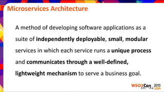 Microservices Architecture
A method of developing software applications as a
suite of independently deployable, small, modular
services in which each service runs a unique process
and communicates through a well-defined,
lightweight mechanism to serve a business goal.
 