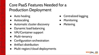Core PaaS Features Needed for a
Production Deployment
● Auto healing
● Autoscaling
● Automatic cluster discovery
● Dynamic load balancing
● VM/Container support
● Multi-tenancy
● Configuration orchestration
● Artifact distribution
● Multi-region/cloud deployments
● Centralized logging
● Monitoring
● Metering
 