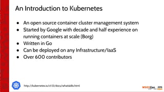 An Introduction to Kubernetes
● An open source container cluster management system
● Started by Google with decade and half experience on
running containers at scale (Borg)
● Written in Go
● Can be deployed on any Infrastructure/IaaS
● Over 600 contributors
http://kubernetes.io/v1.0/docs/whatisk8s.html
 