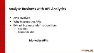 Analyse Business with API Analytics
• APIs involved
• Who invokes the APIs
• Extract business information from
– Payloads
– Resources URIs
Monetize APIs !
 