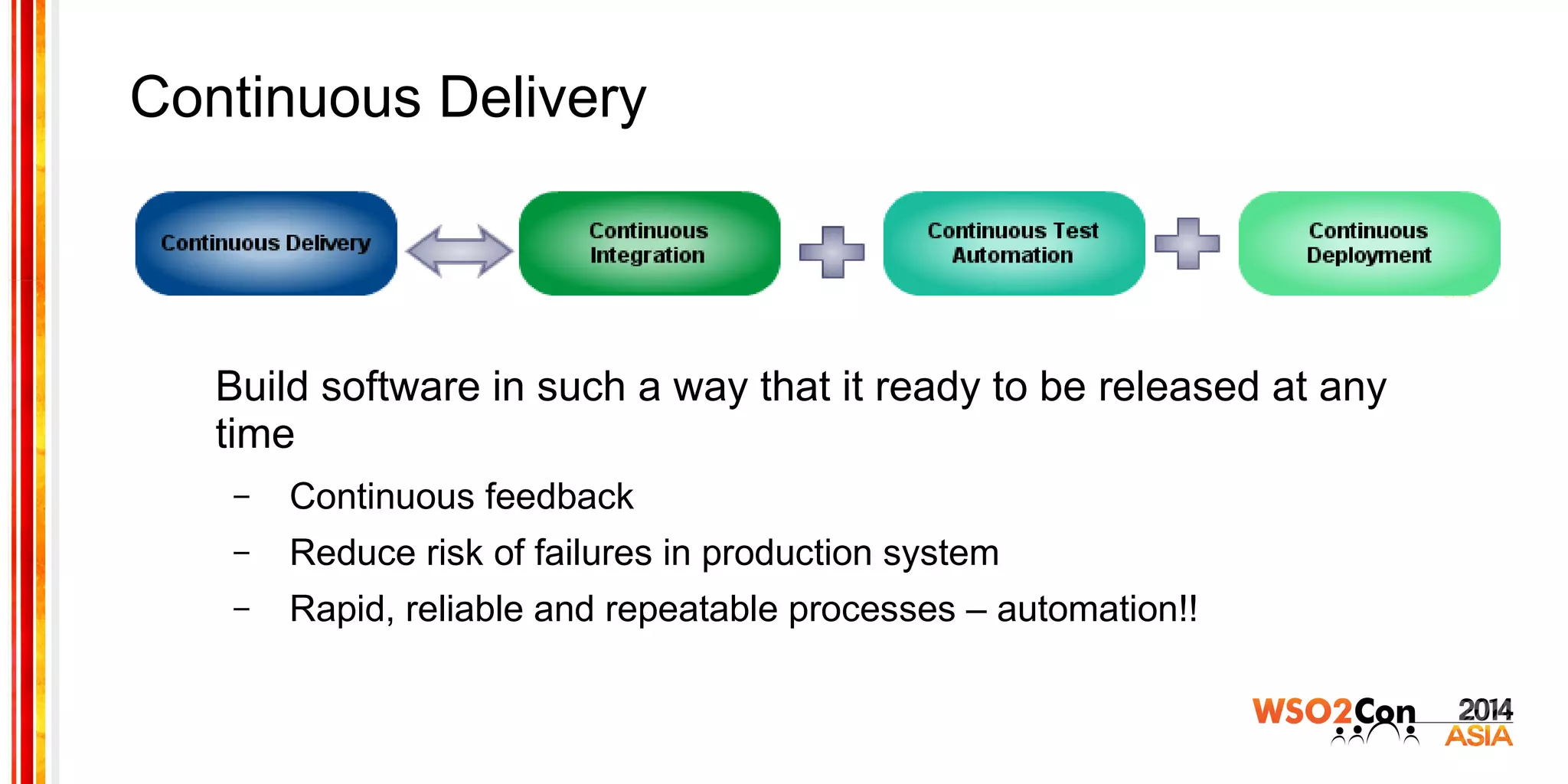 Continuous Delivery
Build software in such a way that it ready to be released at any
time
– Continuous feedback
– Reduce risk of failures in production system
– Rapid, reliable and repeatable processes – automation!!
 