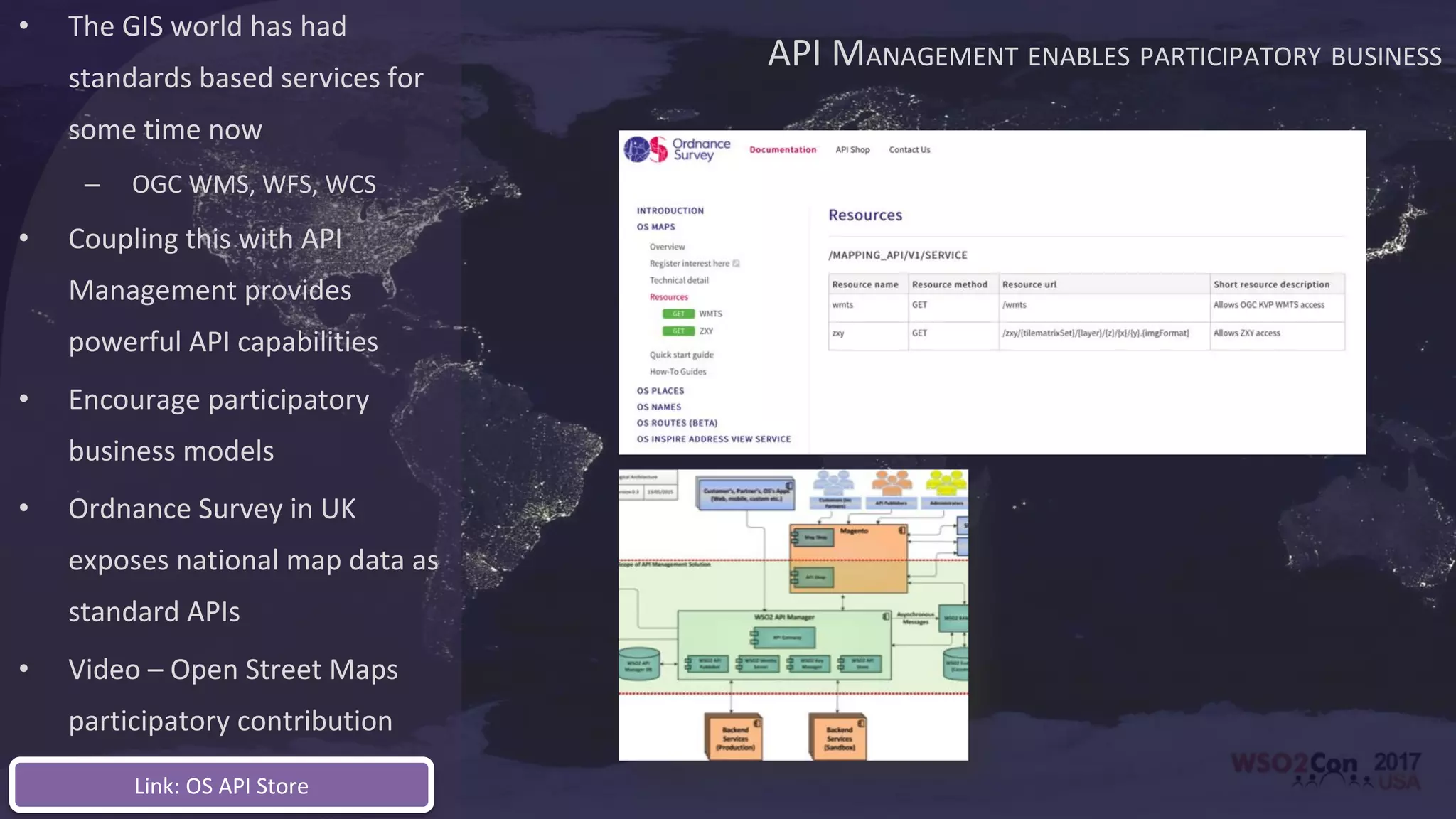 API MANAGEMENT ENABLES PARTICIPATORY BUSINESS
• The GIS world has had
standards based services for
some time now
– OGC WMS, WFS, WCS
• Coupling this with API
Management provides
powerful API capabilities
• Encourage participatory
business models
• Ordnance Survey in UK
exposes national map data as
standard APIs
• Video – Open Street Maps
participatory contribution
Link: OS API Store
 
