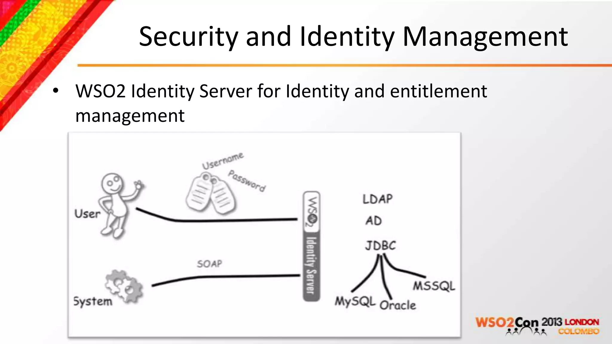 Security and Identity Management
• WSO2 Identity Server for Identity and entitlement
  management
 
