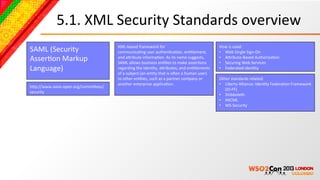 5.1.	
  XML	
  Security	
  Standards	
  overview	
  
                                        XML-­‐based	
  framework	
  for	
                                                     How	
  is	
  used:	
  
SAML	
  (Security	
                     communicaBng	
  user	
  authenBcaBon,	
  enBtlement,	
                                •  Web	
  Single	
  Sign-­‐On	
  
AsserBon	
  Markup	
                    and	
  acribute	
  informaBon.	
  As	
  its	
  name	
  suggests,	
  
                                        SAML	
  allows	
  business	
  enBBes	
  to	
  make	
  asserBons	
  
                                                                                                                              •  Acribute-­‐Based	
  AuthorizaBon	
  
                                                                                                                              •  Securing	
  Web	
  Services	
  
Language)	
                             regarding	
  the	
  idenBty,	
  acributes,	
  and	
  enBtlements	
  
                                        of	
  a	
  subject	
  (an	
  enBty	
  that	
  is	
  oNen	
  a	
  human	
  user)	
  
                                                                                                                              •  Federated	
  idenBty	
  

                                        to	
  other	
  enBBes,	
  such	
  as	
  a	
  partner	
  company	
  or	
               Other	
  standards	
  related:	
  
                                        another	
  enterprise	
  applicaBon.	
                                                •  Liberty	
  Alliance:	
  IdenBty	
  FederaBon	
  Framework	
  
hcp://www.oasis-­‐open.org/commicees/
                                                                                                                                 (ID-­‐FF).	
  
security	
  
                                                                                                                              •  Shibboleth	
  
                                                                                                                              •  XACML	
  
                                                                                                                              •  WS-­‐Security	
  
 