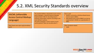5.2.	
  XML	
  Security	
  Standards	
  overview	
  
                                        The	
  standard	
  deﬁnes	
  a	
  declaraBve	
  access	
  control	
      How	
  is	
  used:	
  
XACML	
  (eXtensible	
                  policy	
  language,	
  a	
  request/response	
  language	
               •  XACML	
  is	
  primarily	
  an	
  Acribute	
  Based	
  Access	
  
Access	
  Control	
  Markup	
           implemented	
  in	
  XML	
  for	
  describing	
  how	
  to	
  
                                        evaluate	
  authorizaBon	
  requests	
  according	
  to	
  the	
  
                                                                                                                    Control	
  system	
  (ABAC).	
  
                                                                                                                 •  Role-­‐based	
  access	
  control	
  (RBAC)	
  can	
  also	
  be	
  
Language)	
  	
                         rules	
  deﬁned	
  in	
  policies.	
  
                                        The	
  policy	
  language	
  is	
  used	
  to	
  express	
  access	
  
                                                                                                                    implemented	
  in	
  XACML	
  as	
  a	
  specializaBon	
  of	
  
                                                                                                                    ABAC.	
  
                                        control	
  policies	
  ("who	
  can	
  do	
  what	
  when").	
  
hcp://www.oasis-­‐open.org/commicees/                                                                            Other	
  standards	
  related:	
  
xacml	
                                                                                                          •  SAML	
  
 