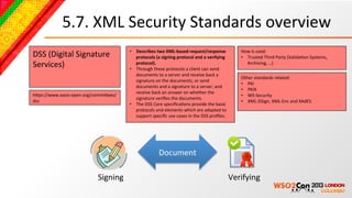 5.7.	
  XML	
  Security	
  Standards	
  overview	
  
                                           •  Describes	
  two	
  XML-­‐based	
  request/response	
                        How	
  is	
  used:	
  
DSS	
  (Digital	
  Signature	
                protocols	
  (a	
  signing	
  protocol	
  and	
  a	
  verifying	
            •  Trusted	
  Third	
  Party	
  (ValidaBon	
  Systems,	
  
Services)	
                                   protocol).	
  	
  
                                           •  Through	
  these	
  protocols	
  a	
  client	
  can	
  send	
  
                                                                                                                              Archiving,	
  …)	
  

                                              documents	
  to	
  a	
  server	
  and	
  receive	
  back	
  a	
  
                                                                                                                           Other	
  standards	
  related:	
  
                                              signature	
  on	
  the	
  documents;	
  or	
  send	
  
                                                                                                                           •  PKI	
  
                                              documents	
  and	
  a	
  signature	
  to	
  a	
  server,	
  and	
  
                                                                                                                           •  PKIX	
  
                                              receive	
  back	
  an	
  answer	
  on	
  whether	
  the	
  
hcps://www.oasis-­‐open.org/commicees/                                                                                     •  WS-­‐Security	
  
                                              signature	
  veriﬁes	
  the	
  documents.	
  	
  
dss	
                                                                                                                      •  XML-­‐DSign,	
  XML-­‐Enc	
  and	
  XAdES.	
  
                                           •  The	
  DSS	
  Core	
  speciﬁcaBons	
  provide	
  the	
  basic	
  
                                              protocols	
  and	
  elements	
  which	
  are	
  adapted	
  to	
  
                                              support	
  speciﬁc	
  use	
  cases	
  in	
  the	
  DSS	
  proﬁles.	
  




                                                                Document	
  

                             Signing	
                                                                                 Verifying	
  
 
