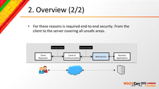 2.	
  Overview	
  (2/2)	
  
•  For	
  these	
  reasons	
  is	
  required	
  end-­‐to-­‐end	
  security.	
  From	
  the	
  
   client	
  to	
  the	
  server	
  covering	
  all	
  unsafe	
  areas.	
  



                         Security	
  Context	
                          Security	
  Context	
  



           Client	
                                   Canal	
  of	
                                                     Business	
  
                                                                                                  Web	
  Service	
  
         Requester	
                               CommunicaBon	
                                                      ApplicaBons	
  
 