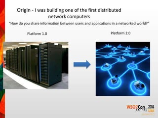 Origin - I was building one of the first distributed 
network computers 
“How do you share information between users and applications in a networked world?” 
Platform 1.0 Platform 2.0 
 