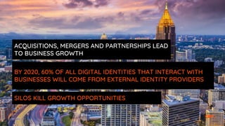 ACQUISITIONS, MERGERS AND PARTNERSHIPS LEAD
TO BUSINESS GROWTH
BY 2020, 60% OF ALL DIGITAL IDENTITIES THAT INTERACT WITH
BUSINESSES WILL COME FROM EXTERNAL IDENTITY PROVIDERS
SILOS KILL GROWTH OPPORTUNITIES
 