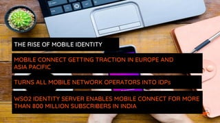 THE RISE OF MOBILE IDENTITY
WSO2 IDENTITY SERVER ENABLES MOBILE CONNECT FOR MORE
THAN 800 MILLION SUBSCRIBERS IN INDIA
MOBILE CONNECT GETTING TRACTION IN EUROPE AND
ASIA PACIFIC
TURNS ALL MOBILE NETWORK OPERATORS INTO IDPs
 