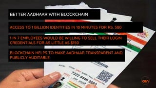 BETTER AADHAAR WITH BLOCKCHAIN
BLOCKCHAIN HELPS TO MAKE AADHAAR TRANSPARENT AND
PUBLICLY AUDITABLE
ACCESS TO 1 BILLION IDENTITIES IN 10 MINUTES FOR RS. 500
1 IN 7 EMPLOYEES WOULD BE WILLING TO SELL THEIR LOGIN
CREDENTIALS FOR AS LITTLE AS $150
 