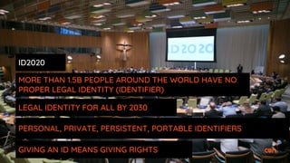 ID2020
MORE THAN 1.5B PEOPLE AROUND THE WORLD HAVE NO
PROPER LEGAL IDENTITY (IDENTIFIER)
PERSONAL, PRIVATE, PERSISTENT, PORTABLE IDENTIFIERS
LEGAL IDENTITY FOR ALL BY 2030
GIVING AN ID MEANS GIVING RIGHTS
 