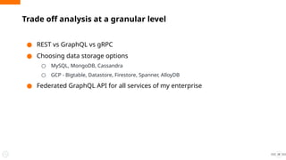 Trade off analysis at a granular level
28
● REST vs GraphQL vs gRPC
● Choosing data storage options
○ MySQL, MongoDB, Cassandra
○ GCP - Bigtable, Datastore, Firestore, Spanner, AlloyDB
● Federated GraphQL API for all services of my enterprise
 