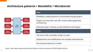 Architecture patterns > Monolithic > Microkernel
7
Image - https://www.oreilly.com/library/view/software-architecture-patterns/9781098134280/ch04.html
Pros
Flexibility in adding dynamic functionality through plugins
Plugins can have their own DB / schema (decoupled data
architecture)
Reduced scope in testing, can be isolated to each plugin
Cons
The core is still a monolith, harder to scale
Deployments and modifications are complex and expensive
HA and fault tolerance is harder
 