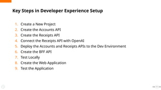 1. Create a New Project
2. Create the Accounts API
3. Create the Receipts API
4. Connect the Receipts API with OpenAI
5. Deploy the Accounts and Receipts APIs to the Dev Environment
6. Create the BFF API
7. Test Locally
8. Create the Web Application
9. Test the Application
Key Steps in Developer Experience Setup
11
 