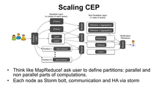 Scaling CEP
• Think like MapReduce! ask user to define partitions: parallel and
non parallel parts of computations.
• Each node as Storm bolt, communication and HA via storm
 