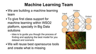 Machine Learning Team
•We are building a machine learning
team
•To give first class support for
machine learning within WSO2
platform, specially in Big Data
solutions
– Idea is to guide you though the process of
finding and applying the best model for you
dataset and scenario
•We will reuse best opensource tools
and create what is missing
 