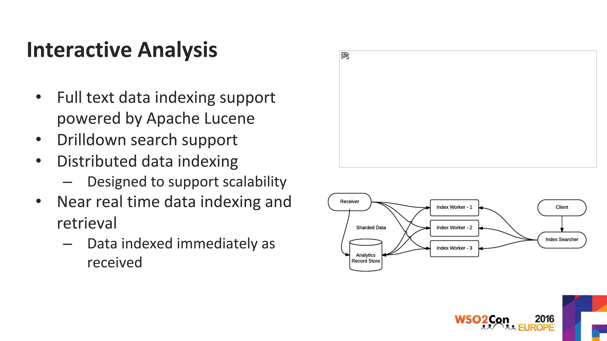 Interactive Analysis
• Full text data indexing support
powered by Apache Lucene
• Drilldown search support
• Distributed data indexing
– Designed to support scalability
• Near real time data indexing and
retrieval
– Data indexed immediately as
received
 