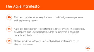 The best architectures, requirements, and designs emerge from
self-organizing teams.
The Agile Manifesto
Agile processes promote sustainable development. The sponsors,
developers, and users should be able to maintain a constant
pace indefinitely.
Deliver working software frequently with a preference to the
shorter timescale.
“
“
“
 