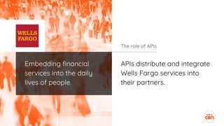 APIs distribute and integrate
Wells Fargo services into
their partners.
The role of APIs
Embedding financial
services into the daily
lives of people.
 