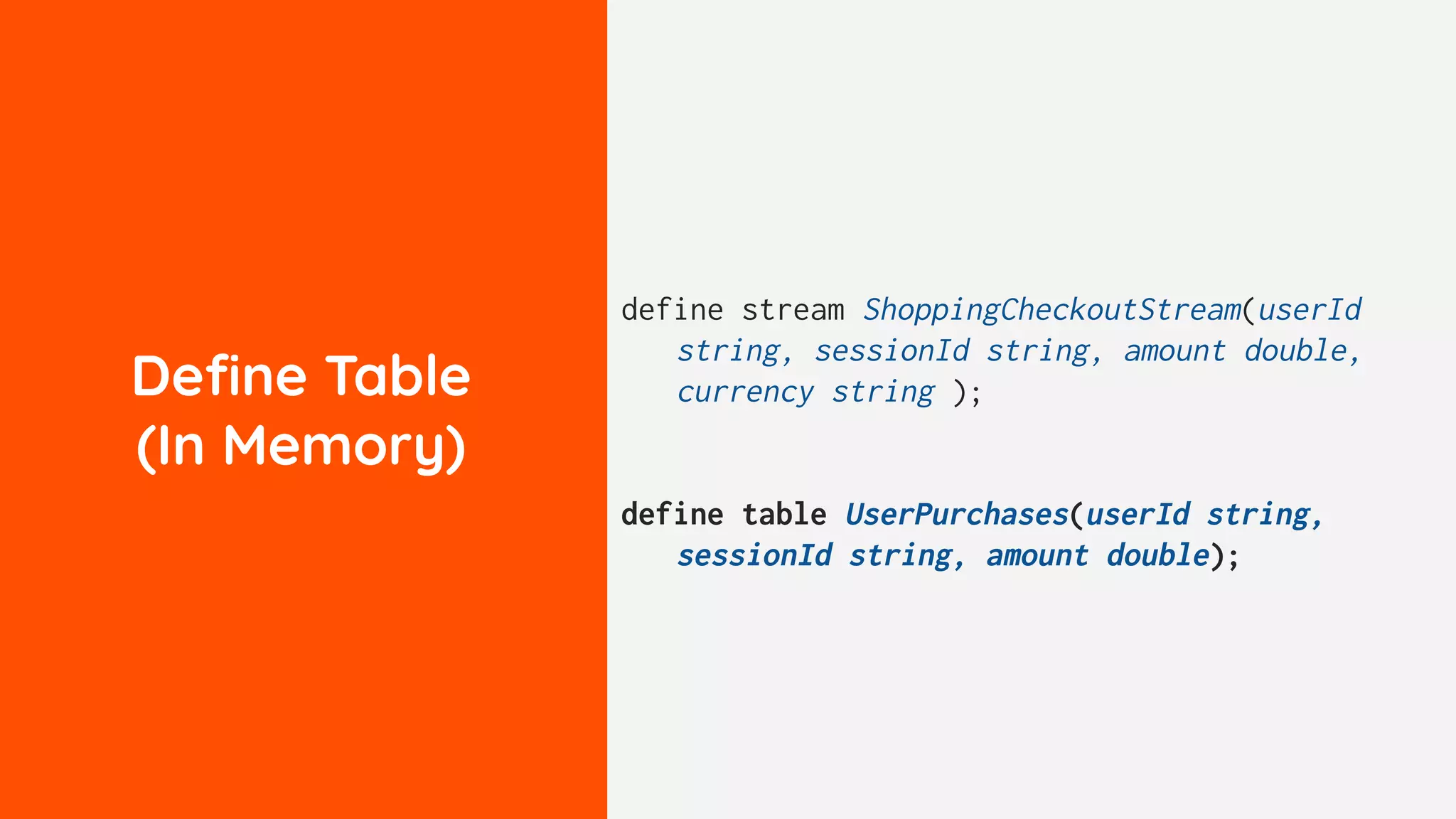 Deﬁne Table
(In Memory)
define stream ShoppingCheckoutStream(userId
string, sessionId string, amount double,
currency string );
define table UserPurchases(userId string,
sessionId string, amount double);
 