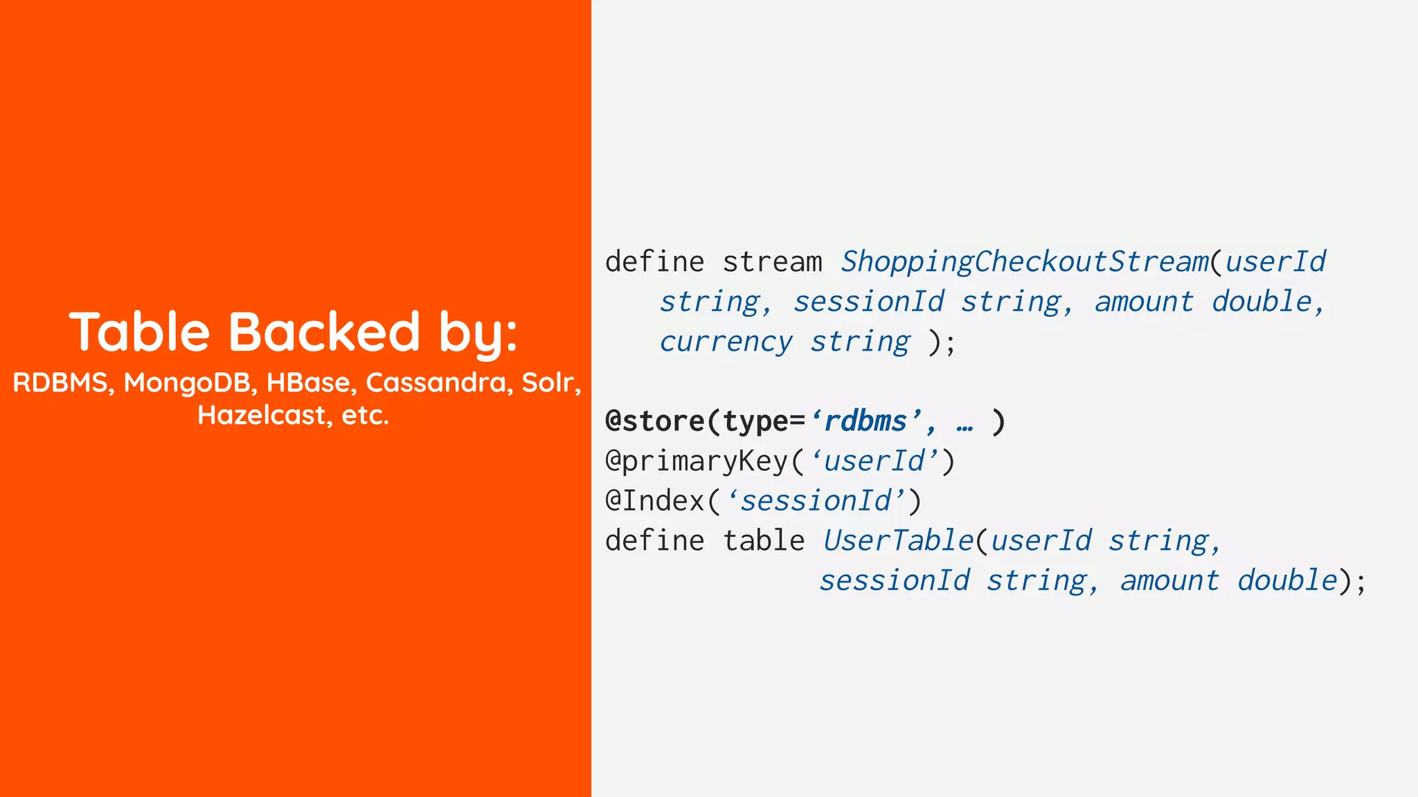 Table Backed by:
RDBMS, MongoDB, HBase, Cassandra, Solr,
Hazelcast, etc.
define stream ShoppingCheckoutStream(userId
string, sessionId string, amount double,
currency string );
@store(type=‘rdbms’, … )
@primaryKey(‘userId’)
@Index(‘sessionId’)
define table UserTable(userId string,
sessionId string, amount double);
 